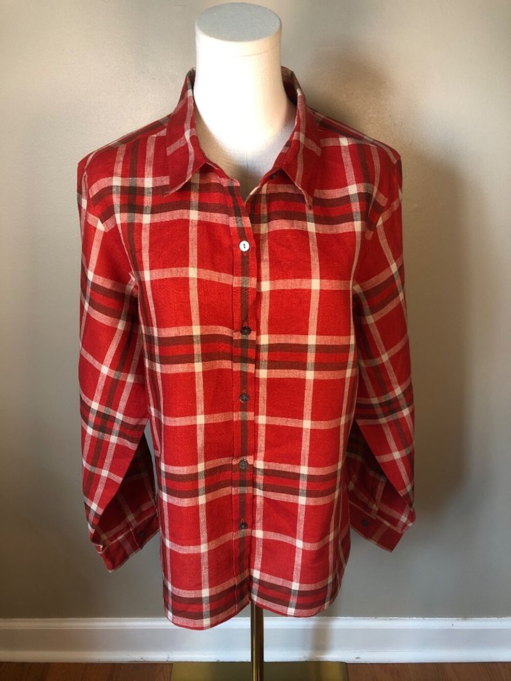 NWT Charter Club 100% Linen Red Plaid Button Front Roll Tab Sleeve Sz 14 Country